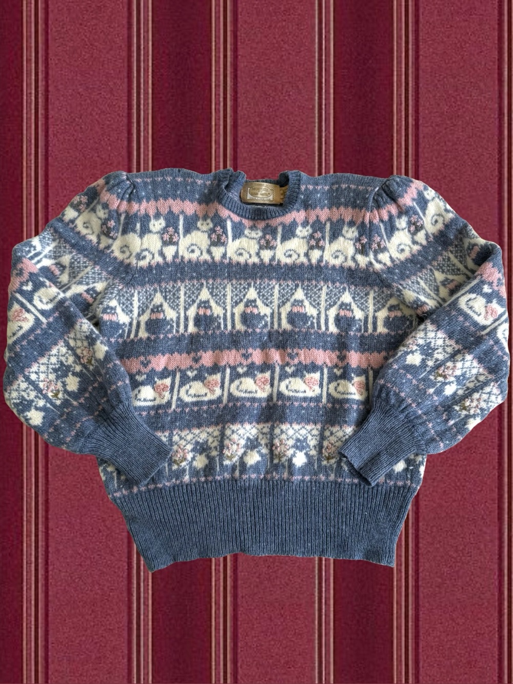 Susan Bristol Blue, Pink & Cream Fair Isle Cat Print Crewneck Sweater
